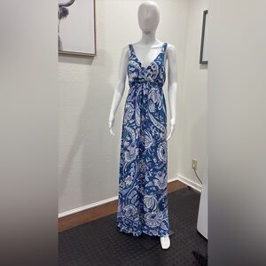 Elegant Blue and White Paisley Maxi Dress